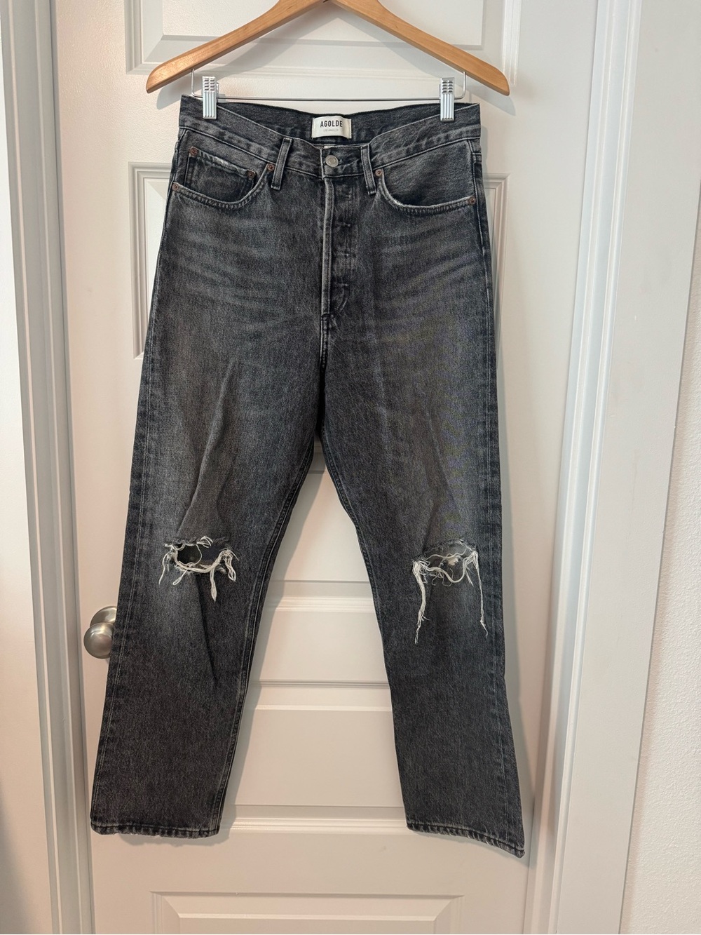 Agolde Washed Black Straight Leg Jeans with Knee Rips